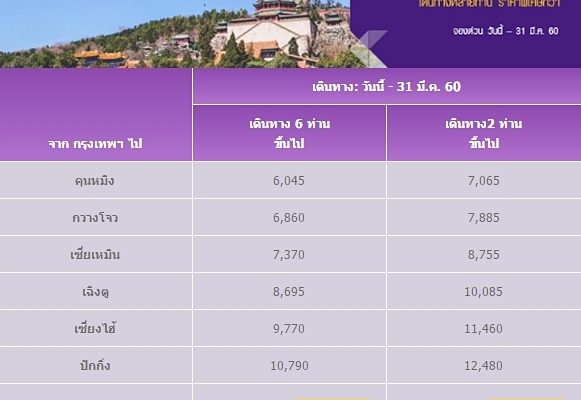 โปรโมชั่นการบินไทย 2017 เส้นทางสู่ประเทศจีน เดินทางเป็นกลุ่ม ราคาพิเศษกว่ารวมเริ่มต้นที่ 6,045 บาท